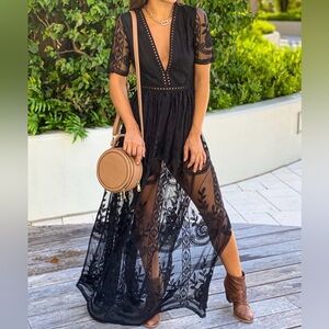Elegant Long Black Lace Women Romper
